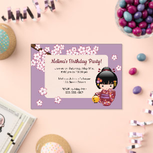 Sakura Kokeshi Transparant Raam Verjaardag Paars Acryl Uitnodigingen