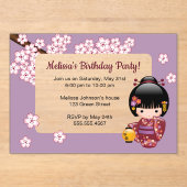 Sakura Kokeshi Transparant Raam Verjaardag Paarse Acryl Uitnodigingen (Voorkant)
