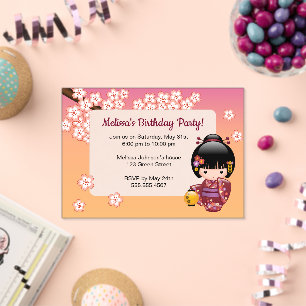 Sakura Kokeshi Transparant Raam Verjaardag Perzik Acryl Uitnodigingen