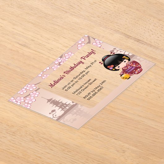 Sakura Kokeshi Transparant Venster Verjaardag Beig Acryl Uitnodigingen (Laagn)