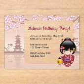 Sakura Kokeshi Transparant Venster Verjaardag Beig Acryl Uitnodigingen (Voorkant)