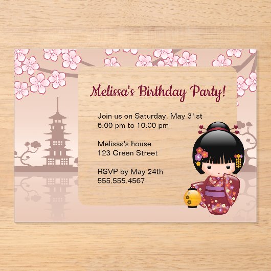 Sakura Kokeshi Transparant Venster Verjaardag Beig Acryl Uitnodigingen (Voorkant)