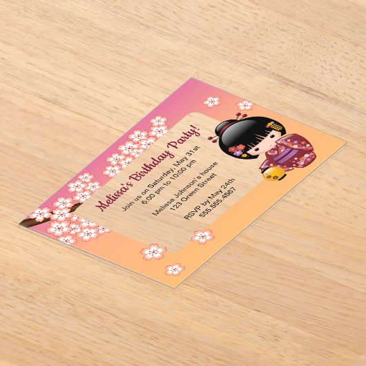 Sakura Kokeshi Transparante Venster Verjaardag Per Acryl Uitnodigingen (Laagn)