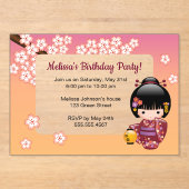 Sakura Kokeshi Transparante Venster Verjaardag Per Acryl Uitnodigingen (Voorkant)