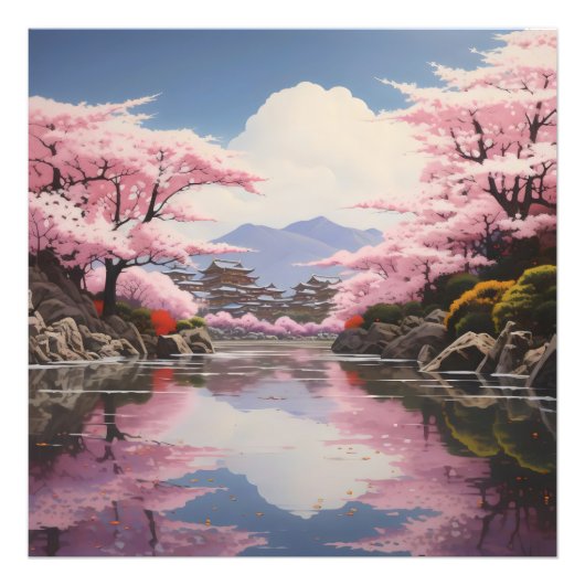 Sakura over River Banks Foto Afdruk (Voorkant)