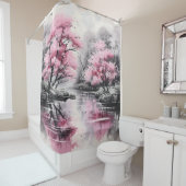 Sakura over River Ink Schilderen Douchegordijn (In situ)