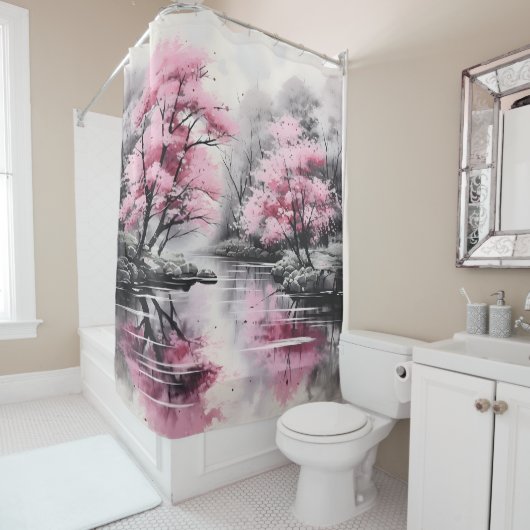 Sakura over River Ink Schilderen Douchegordijn (In situ)