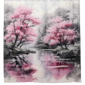 Sakura over River Ink Schilderen Douchegordijn (Voorkant)