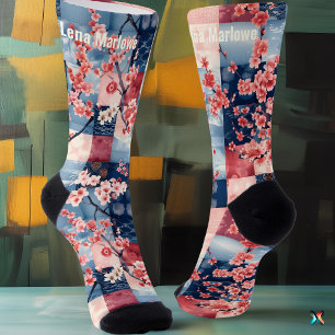 Sakura Patchwork Soks met Blauwe en Roze Elegantie Sokken