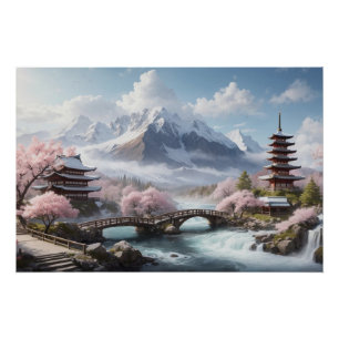 Sakura schilderij met pagode en rivier perfect poster