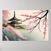 sakura schilderij roze japan pagode gebouw mistig poster (Voorkant)