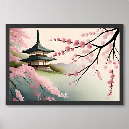 sakura schilderij roze japan pagode gebouw mistig poster