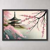 sakura schilderij roze japan pagode gebouw mistig poster
