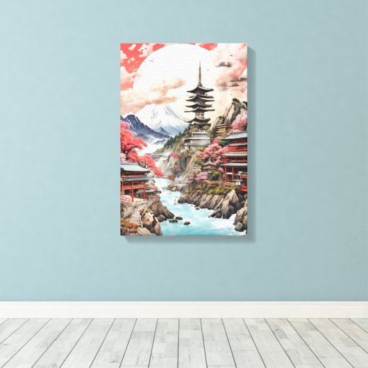 Sakura Serenity - Traditioneel Japans Landschap Canvas Afdruk (Insitu (Houten vloer))