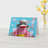 Sakura Sock Monkey Wenskaart Kaart (Gele Bloem)