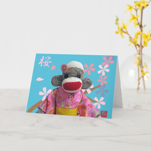 Sakura Sock Monkey Wenskaart Kaart (Gele Bloem)