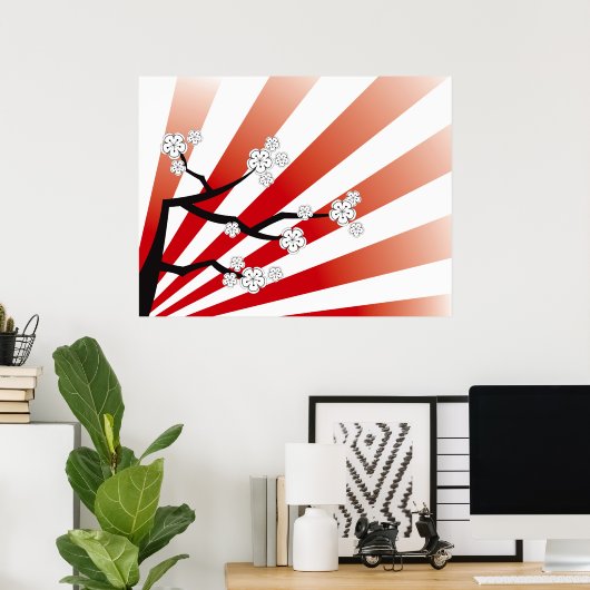 Sakura Sunrise White Cherry Blossom Flowers Zen Poster (Thuiskantoor)