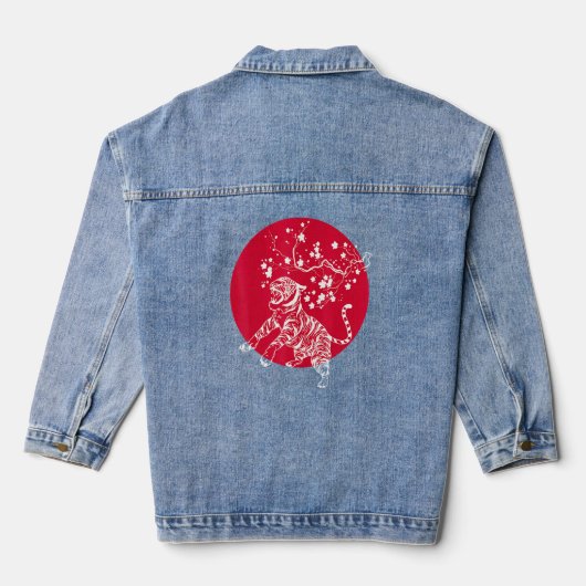 Sakura Wild Cat Asia Wildlife Animal Cherry Blosso Denim Jacket (Achterkant)