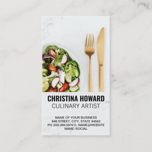 Salade en goud zilverwerk op marmer visitekaartje (Voorkant)