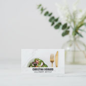 Salade en zilverwerk op marmer visitekaartje (Staand voorkant)