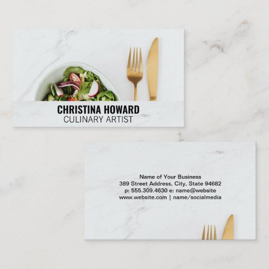 Salade en zilverwerk op marmer visitekaartje (Voorkant / Achterkant)