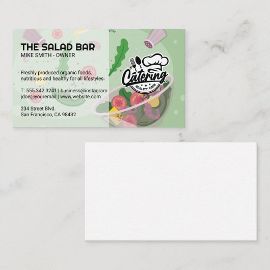Salade wordt gegooid en gekruid | catering visitekaartje (Voorkant / Achterkant)