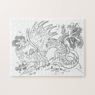 Salamandarin Zee Dragon Line Art Kleur uw eigen Legpuzzel