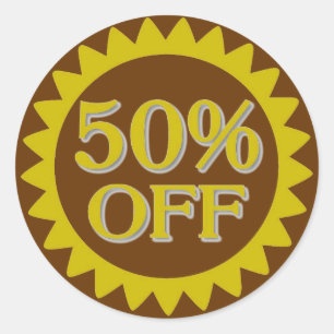Sale 50 procent korting op geel bruin cirkel stick ronde sticker