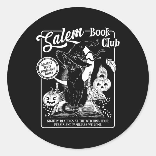 Salem Witch Book Club Bookish Retro Halloween Zwar Ronde Sticker (Voorkant)