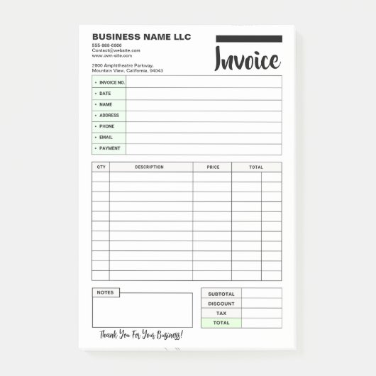 Sales Invoice Receipts, Small Business Payment Pad Post-it® Notes (Voorkant)