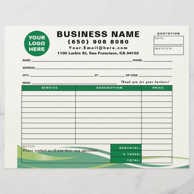 Sales Receipt Quotation Invoice Service Form Briefhoofd (Voorkant)