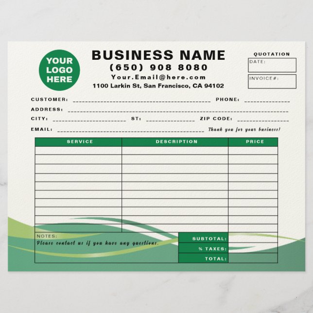 Sales Receipt Quotation Invoice Service Form Briefhoofd (Voorkant)