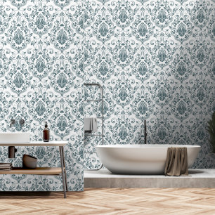 Salie Blauw en Wit Damast Bloemschil en stok Behang