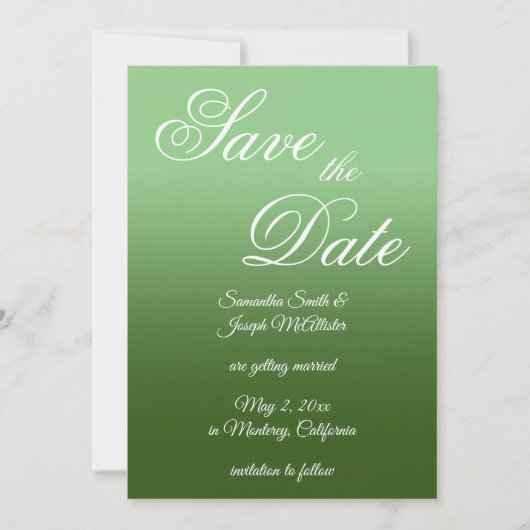 Salie en bosgroene ombre fancy script save the date (Voorkant)