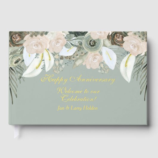 Salie en Crème Gold Folie Jubileum Bloemen Gastenboek (Voorkant)