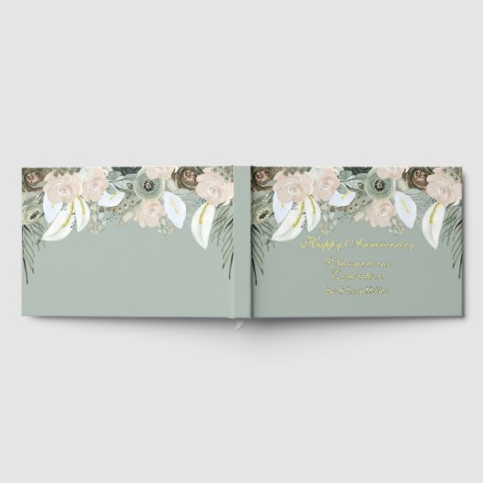 Salie en Crème Gold Folie Jubileum Bloemen Gastenboek (Volledig)