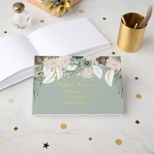 Salie en Crème Gold Folie Jubileum Bloemen Gastenboek (Voorkant open)