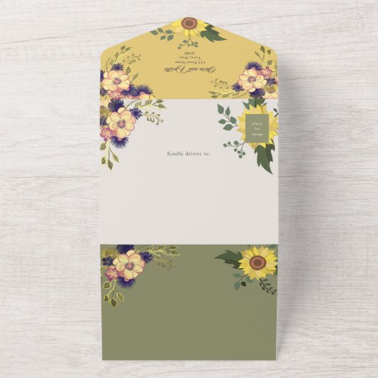 Salie en gele zonnebloem bruiloft all in one uitnodiging (Buitenkant)