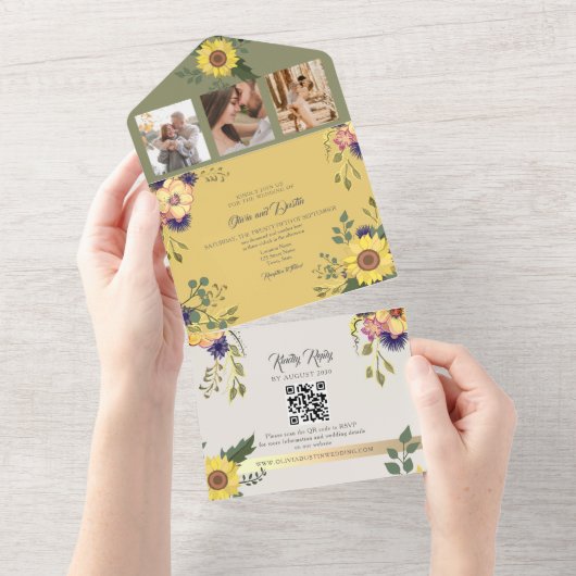 Salie en gele zonnebloem bruiloft all in one uitnodiging (Afscheurbaar)