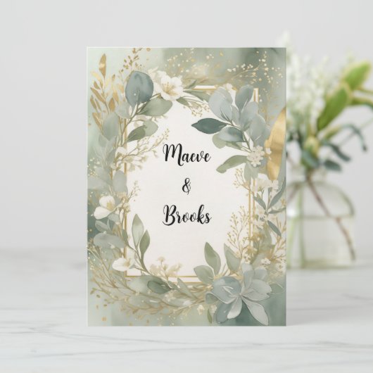 Salie en gouden aquarel uitnodiging (Staand voorkant)