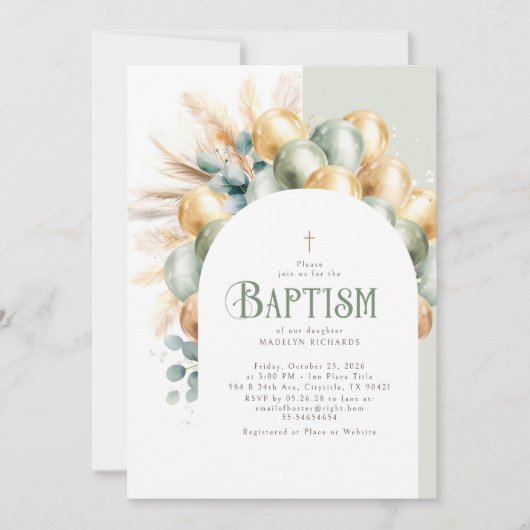 Salie en Gouden Boho Arch Eucalyptus Doop Kaart (Voorkant)