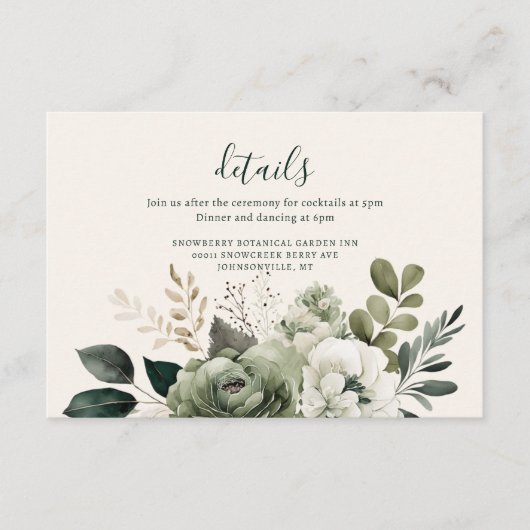 Salie en Ivoor Elegant Bloemen Groen Bruiloft Informatiekaartje (Voorkant)