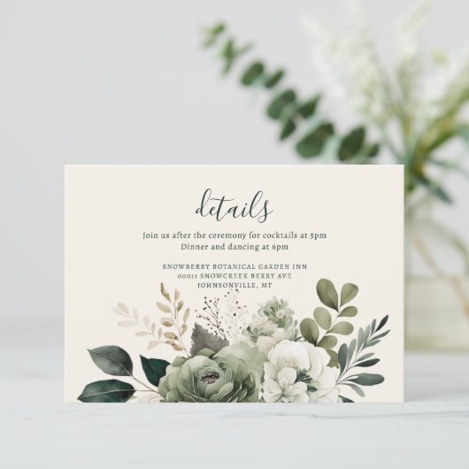 Salie en Ivoor Elegant Bloemen Groen Bruiloft Informatiekaartje (Staand voorkant)