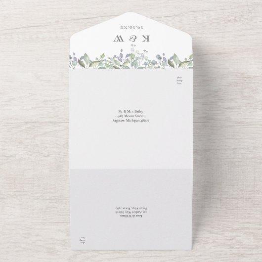 Salie en Lila bloemenmonogram bruiloft All In One Uitnodiging (Buitenkant)