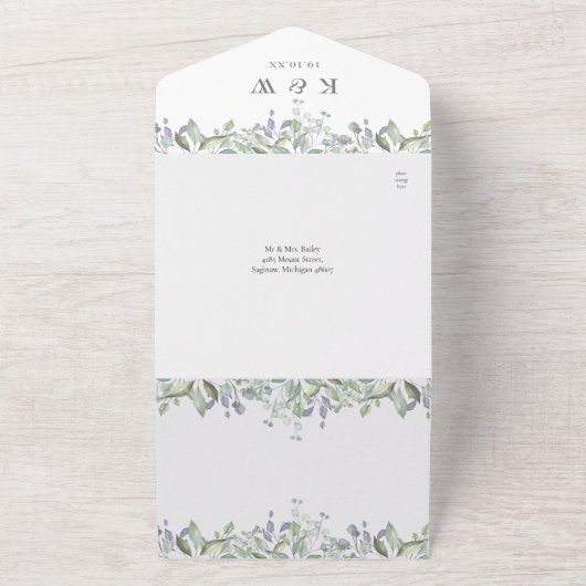 Salie en Sering Groene QR-code Monogram Bruiloft All In One Uitnodiging (Buitenkant)