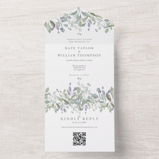 Salie en Sering Groene QR-code Monogram Bruiloft All In One Uitnodiging (Binnen)