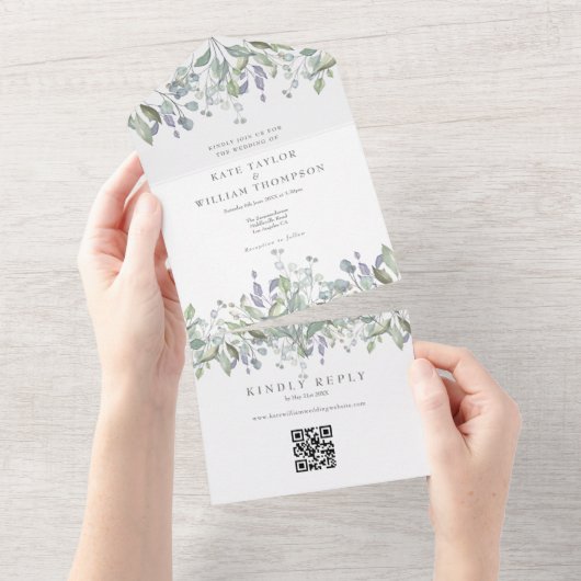 Salie en Sering Groene QR Code Monogram Huwelijk All In One Uitnodiging (Afscheurbaar)