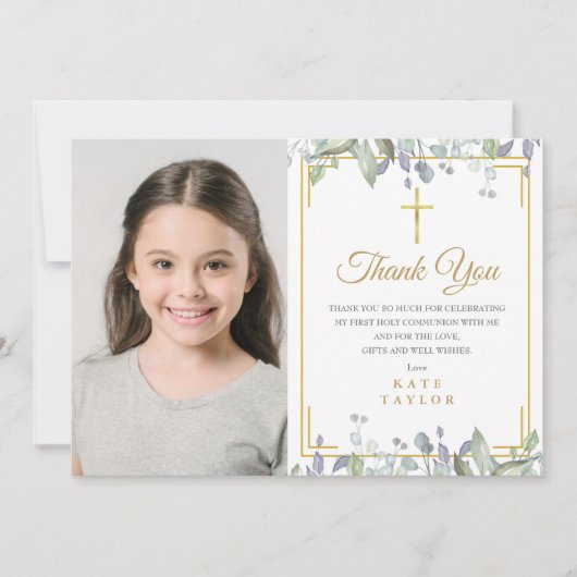 Salie- en Seringe Bloemen Eerste Heilige Communie  Bedankkaart (Voorkant)