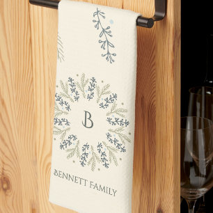Salie- en Teal Kerstkrans Monogram Kerstmis Theedoek