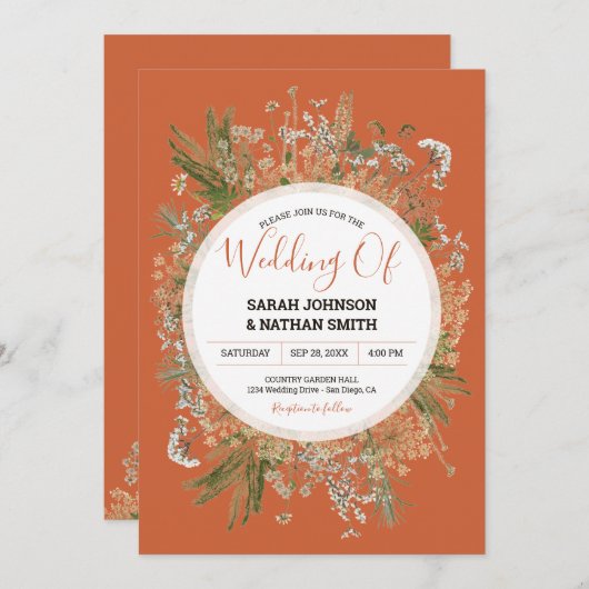 Salie en terracotta rustieke gedroogde bloemen bru kaart (Voorkant / Achterkant)